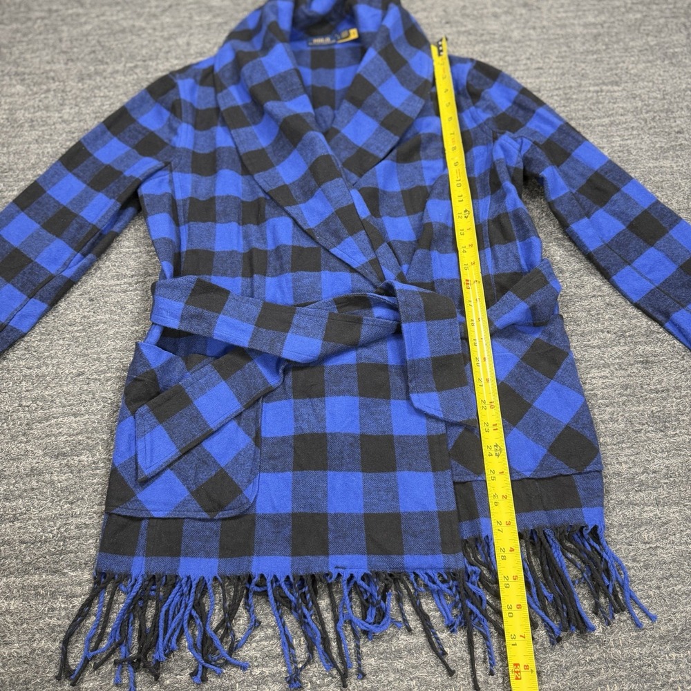Polo Ralph Lauren Jacket Women Small Blue Buffalo Plaid Fringe Belt Coat flannel - Picture 7 of 14